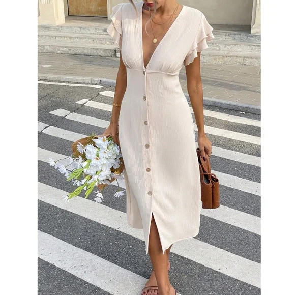 Beige Midi Dress V-Neck Ruffle Sleeve Button Through - Picture 8 of 9